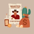 Poster with wild west bandit cowboy in hat and scarf mask wanted dead or alive Royalty Free Stock Photo