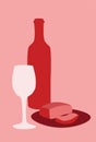 Poster wine with glass and steak, collage in red-pink monochrome colors, minimalism style, vector stock illustration for design