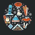 Poster with winter sport equipment and mountain resort icons