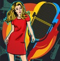 Poster with woman singer. Red dress on woman. Retro microphone. Jazz, soul and blues live music party poster. Royalty Free Stock Photo