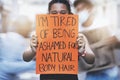 Poster, woman protest and body hair positive freedom with cardboard sign for change in feminism or equality. Protesting