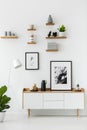 Poster on wooden cupboard in white living room interior with lam