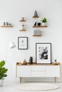 Poster on wooden cupboard in white living room interior with plant and round rug. Real photo Royalty Free Stock Photo