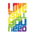 Poster with the words-love is all you need. Rainbow colors. LGBT Pride Month. Decorative poster with lettering on a