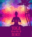 Poster for yoga and meditation practice, tropical sunset in sketch style on geometrical background, funky colors, vector illustrat Royalty Free Stock Photo