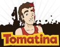 Poster with Young Man Celebrating Tomatina Event, Vector Illustration