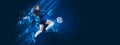 Poster with young woman, female soccer player playing football with ball isolated on blue background with polygonal and Royalty Free Stock Photo