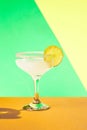 Poster. Zesty margarita adorned with salt and lemon slice showcased against dynamic vibrant contemporary colored studio