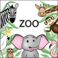 Poster for zoo, different cartoon wild happy animals are located around the space for text, isolated on white background square Royalty Free Stock Photo