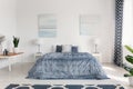 Posters above bed with blue sheets in white bedroom interior with lamps and plant on table. Real photo Royalty Free Stock Photo