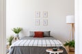 Posters above grey bed with patterned blanket in bedroom interior with flowers and lamp. Real photo