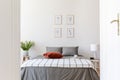 Posters above grey bed with patterned blanket and red pillow in