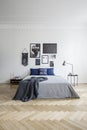 Posters above grey bed on wooden floor in spacious white bedroom interior with lamp. Real photo