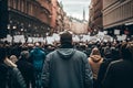 Rear view of people with placards and posters protesting in the city, Generative AI Royalty Free Stock Photo