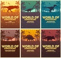 Posters collection World of dinosaurs. Prehistoric world. T-rex, Diplodocus, Velociraptor, Parasaurolophus, Stegosaurus