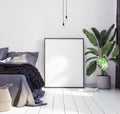 Posters mock-up in new Scandinavian boho bedroom Royalty Free Stock Photo