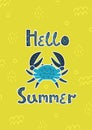 Greeting card, summer, invitation card. Crab and lettering Hello Summer. Sun and beach. Royalty Free Stock Photo