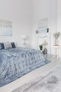 Posters and plants in white simple bedroom interior with blue bed and lamp on cabinet. Real photo