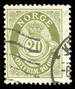 Posthorn NORGE in Roman Capitals on postage stamp of 20 ore cost