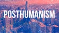 Posthumanism theme with abstract network patterns and skyscrapers Royalty Free Stock Photo