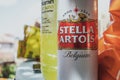 Postira, Croatia August 2020 Closeup of a Stella Artois brand white beer can standing on a table