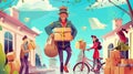 The postman with a bag receives parcels from customers. A post concept with a mailman in uniform on a bike, packing