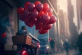 Postman on a bicycle carries red balloons on the street to the Valentine\'s Day