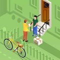 Postman on bike delivery parcel concept background, isometric style
