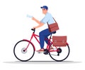 Postman on bike semi flat RGB color vector illustration