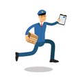 Postman in blue uniform with clipboard running delivering parcel cartoon character, express delivery mail vector