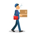 Postman in blue uniform delivering cardboard box and whistling melody cartoon character, express delivery mail vector Royalty Free Stock Photo