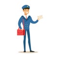 Postman In Blue Uniform Delivering Mail Holding A Letter, Fulfilling Mailman Duties With A Smile