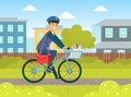 Postman in Blue Uniform Delivering Mails to Customers on Bike, Delivery Service Concept Vector Illustration