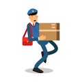 Postman in blue uniform with red bag carrying a heavy parcel cartoon character, express delivery mail vector Royalty Free Stock Photo