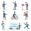 Postman In Blue Uniform With Red Bag Delivering Mail And Other Packages, Fulfilling Mailman Duties With A Smile Set Of Royalty Free Stock Photo