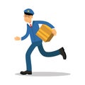 Postman in blue uniform running delivering parcel cartoon character, express delivery mail vector Illustration