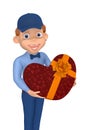 Postman with a box as a heart to the Valentine's day