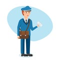 Postman in branded clothes with briefcase carries parcels and letters.