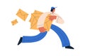 Postman carrying, holding envelopes. Mailman running with letters, correspondence. Fast mail man, courier. Post delivery