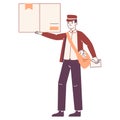 Postman carrying parcel. Delivery service worker wearing wearing professional uniform, letters and mail delivery flat vector