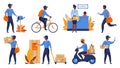 Postman. Cartoon delivery worker character shipping parcels, walking with mail and riding. Vector express delivery and