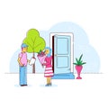 Postman character delivery romantic bouquet flower, woman carry blossom, concept lovely supply line flat vector