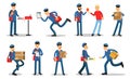 Postman characters in different situations set. Mailmen in different situations doing their job cartoon vector