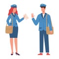 Postman characters. Woman and man in mailman blue uniform with bag and letter in hands. Male and female workers, express