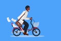 Postman cycling bicycle with letter envelopes postal service delivery concept african american deliver riding bike male