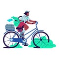 Postman deliver mail by bicycle. Mailman carries envelopes, paper letters, stack of newspapers. Post worker ride bike