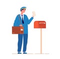 Postman deliver mail. Mailed service, mailman with bag delivering letter in mailbox. Man in blue uniform with envelope