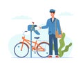 Postman deliver mail. Mailman in blue uniform and bicycle with bag delivering letters in mailbox, envelope and parcel