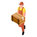 Postman delivered wood box parcel icon, isometric style