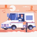 Postman delivering letters to mailbox of recipient.Smiling truck driver in the car. Flat vector illustration